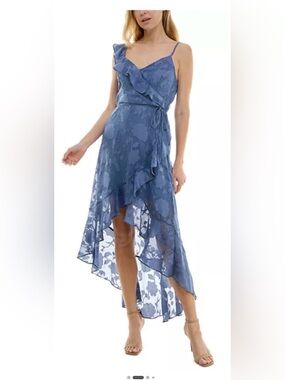BCX Dusty Blue Floral Lace High-Low Wrap Dress